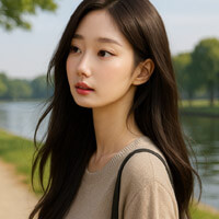 공원에서 옆을 보고 있는 여자