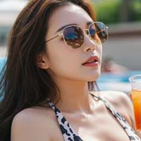 수영장 옆 선베드에서 선글라스 쓰고 음료 마시는 모습