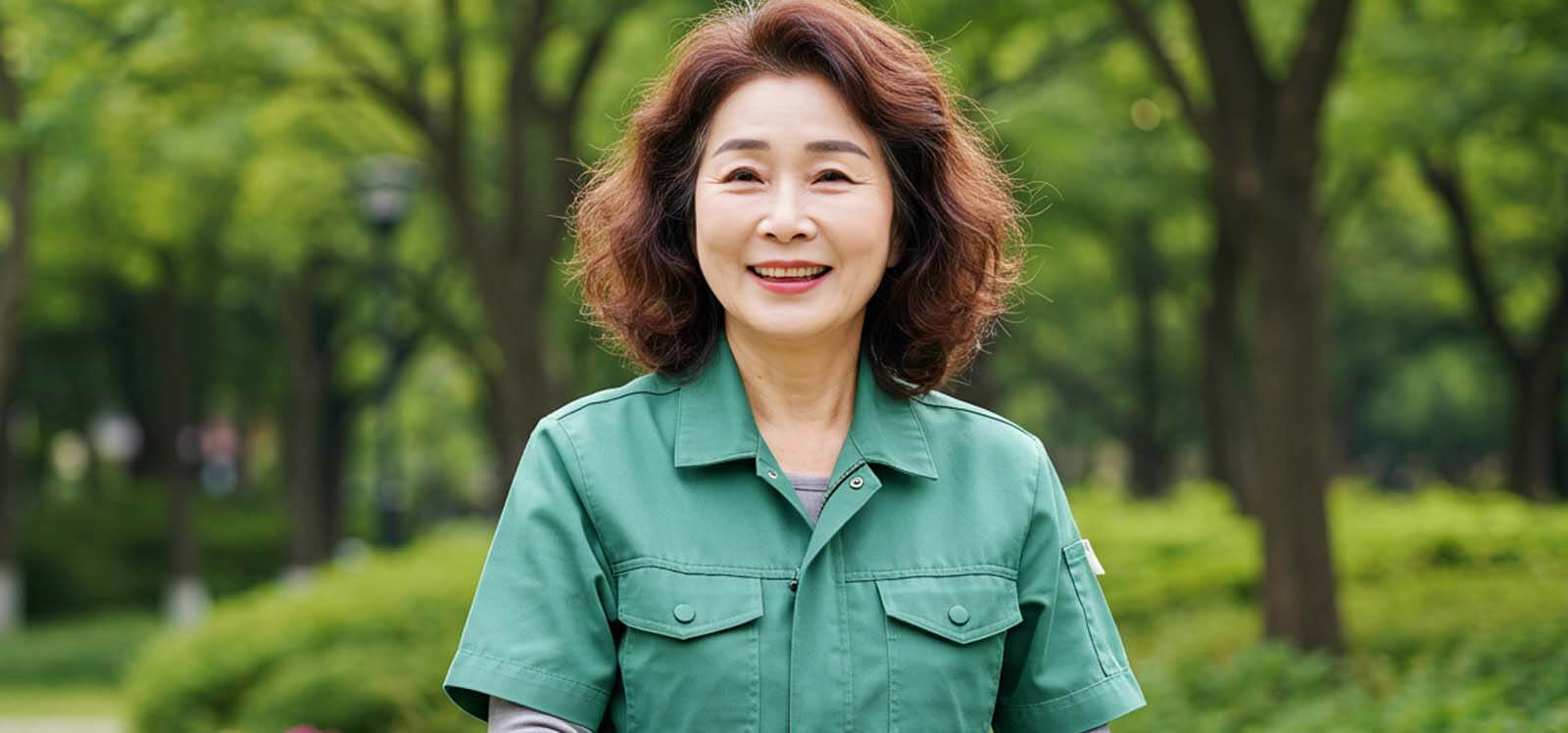 공원에서 환경미화원으로 청소하는 모습