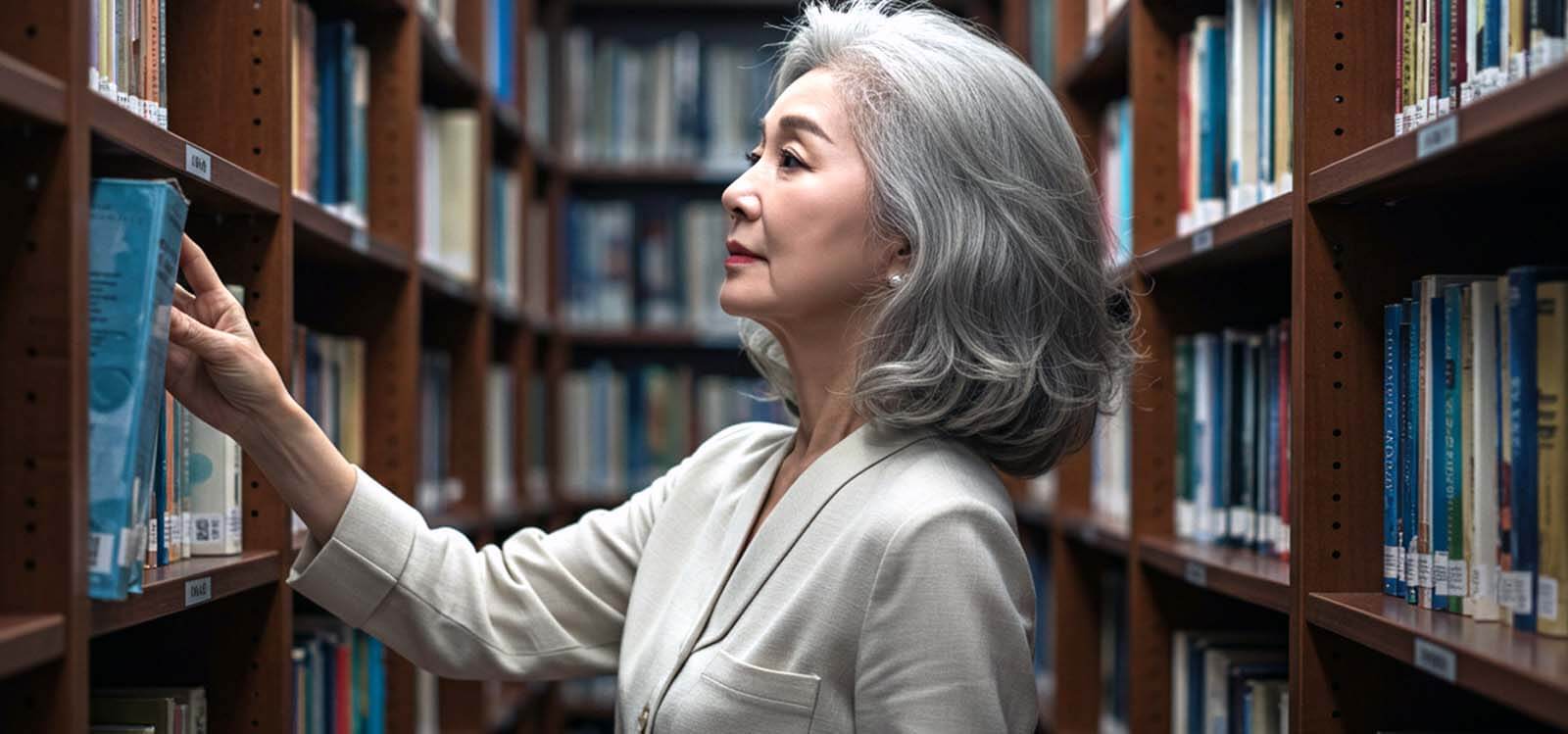 책장에서 책을 꺼내는 할머니