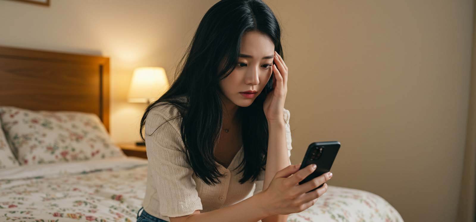 휴대폰에서 연체 메시지 보고 당황하는 모습