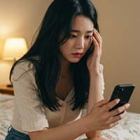 휴대폰에서 연체 메시지 보고 당황하는 모습