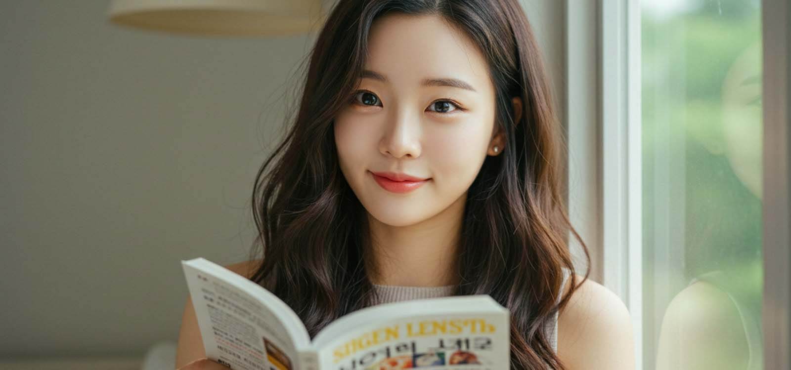 책 읽으며 웃고 있는 모습