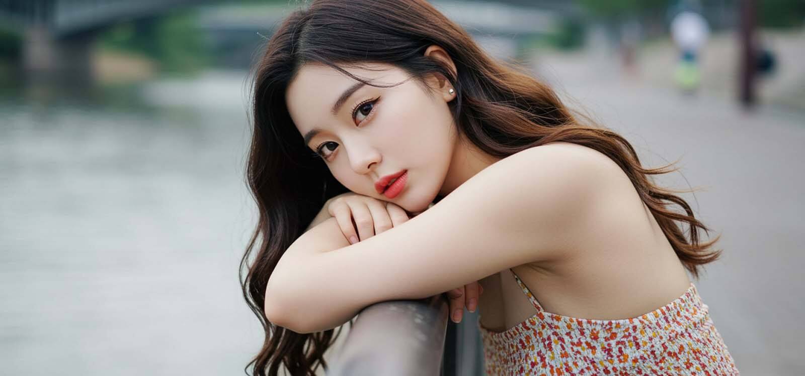 강가 난간에 기대어 멍하니 고민하는 모습