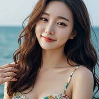 바닷가에서 바람에 머리 흩날리는 모습