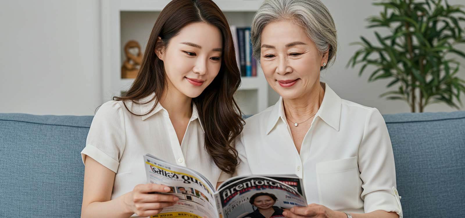 소파에서 함께 앉아 잡지 보는 장면