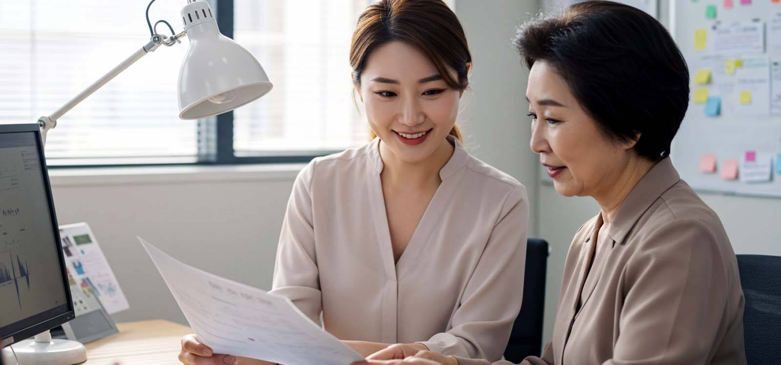 고령자와 함께 업무 설명하며 돕는 장면