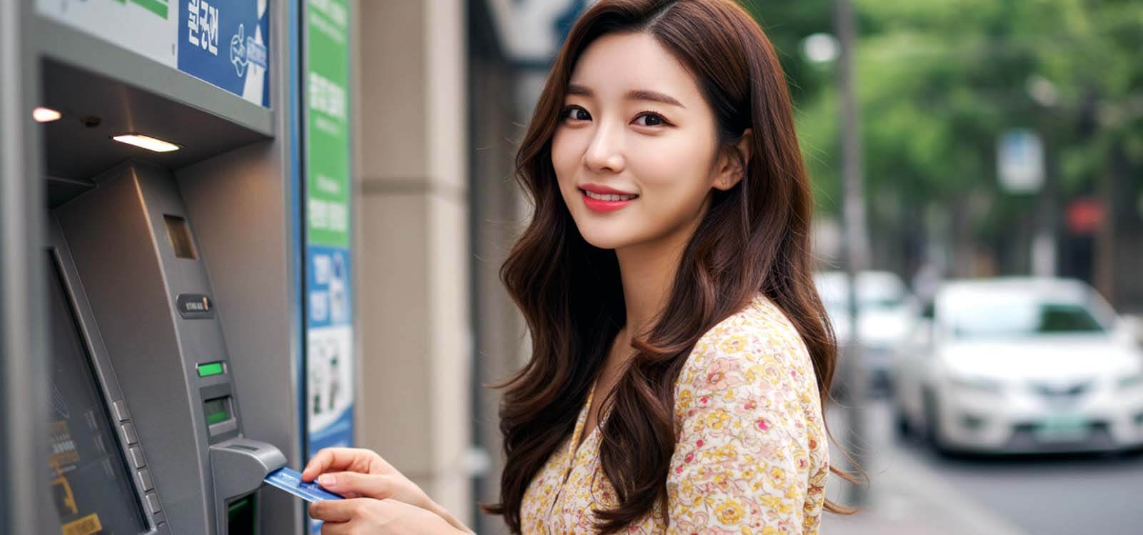 ATM 앞에서 현금 들고 자신 있게 웃는 모습