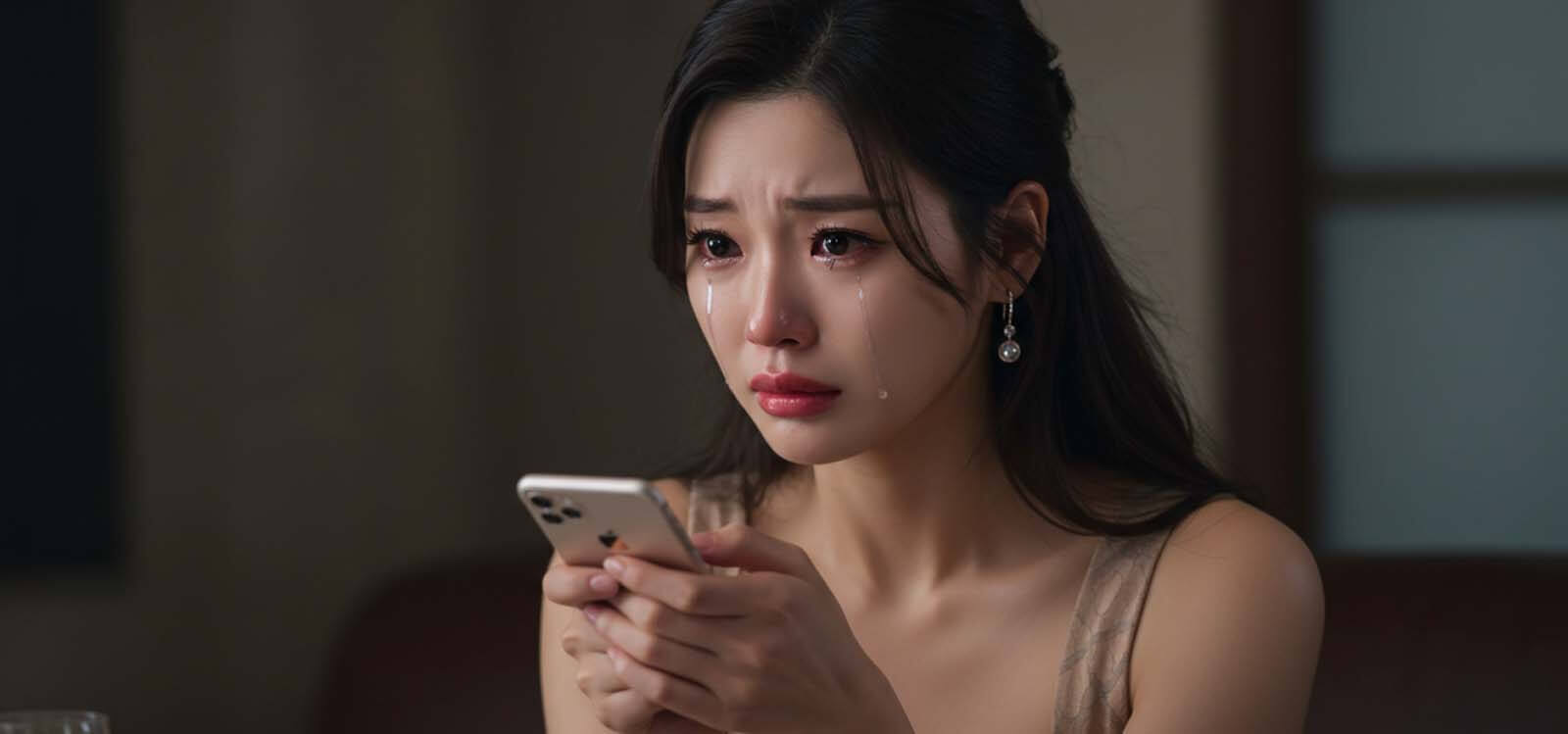 핸드폰을 들고 울고 있는 모습