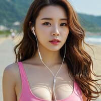 해변에서 이어폰 끼고 산책하는 모습