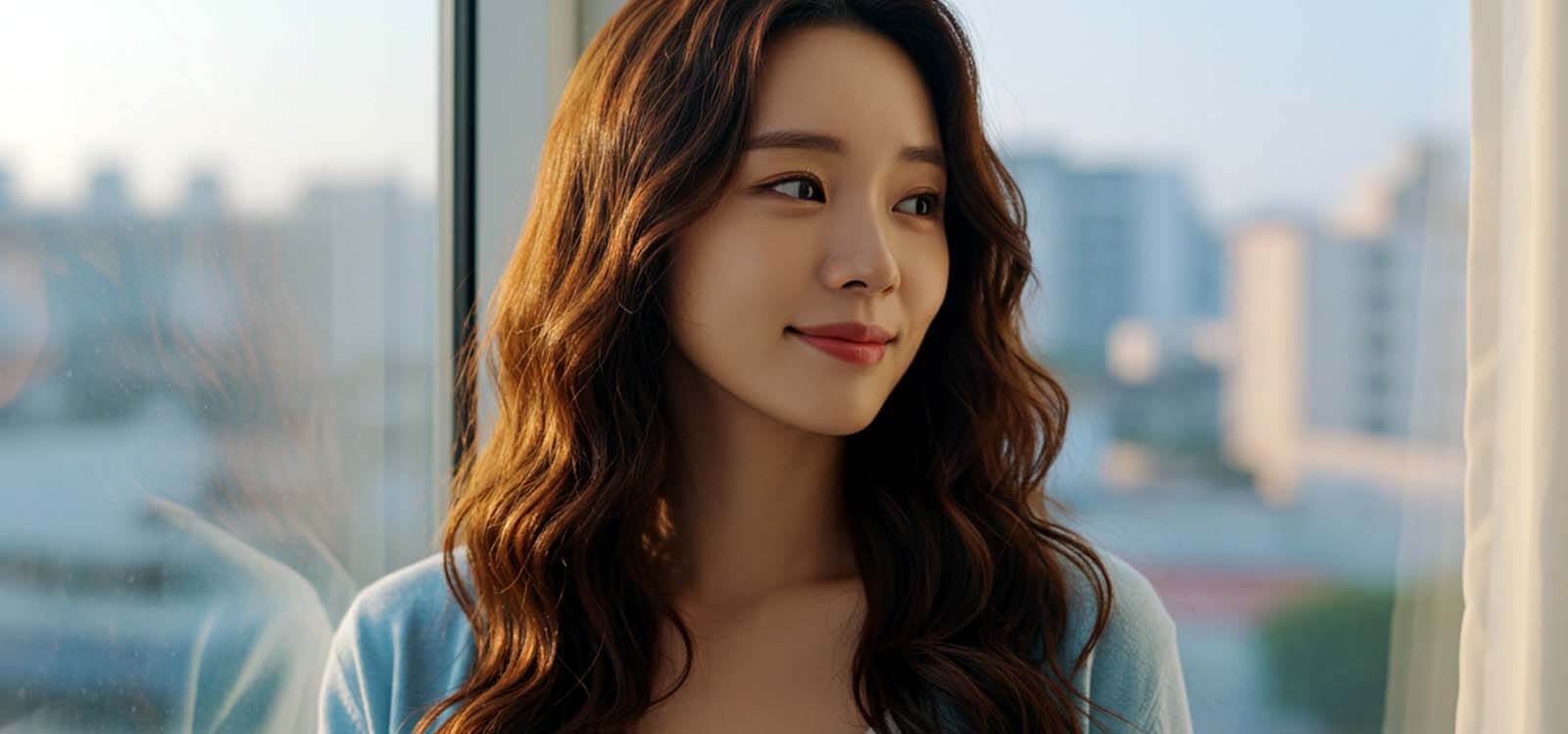 창가에 서서 옆을 보는 여자