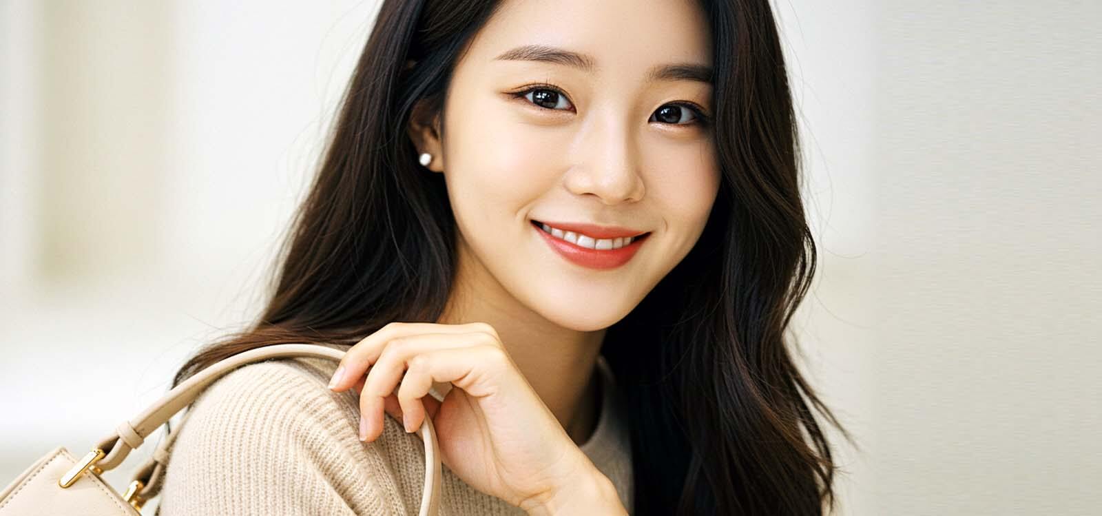 가방 끈을 잡고 미소 짓고 있는 여자