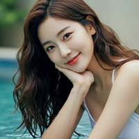 수영장에서 턱을 괴고 미소짓고 있는 여자