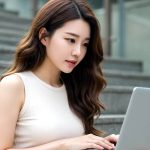 캠퍼스 계단에 앉아 노트북 작업하는 여대생