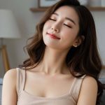 에어컨 바람 맞으며 시원해하는 표정으로 눈을 감고 있는 모습