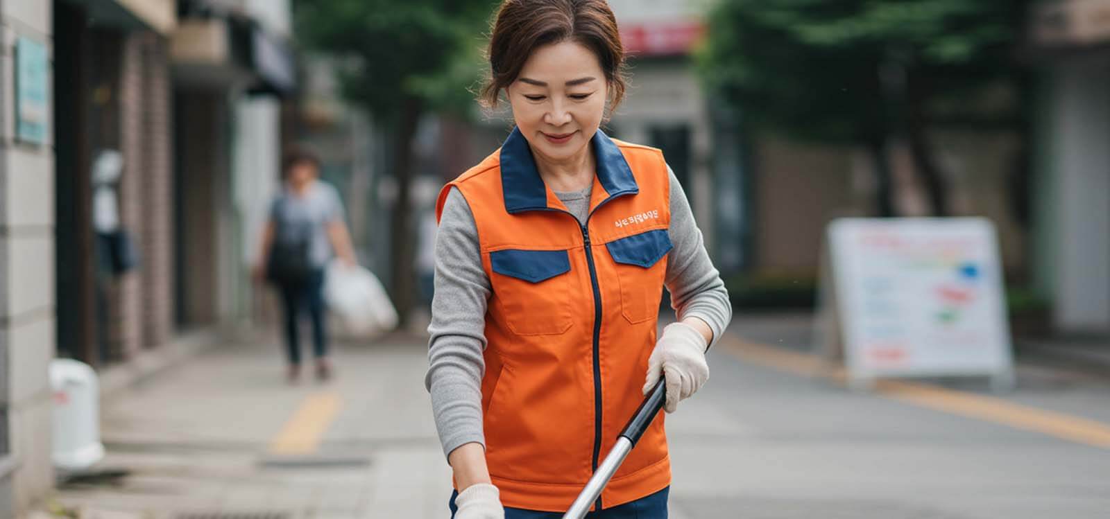 거리 청소하는 여자