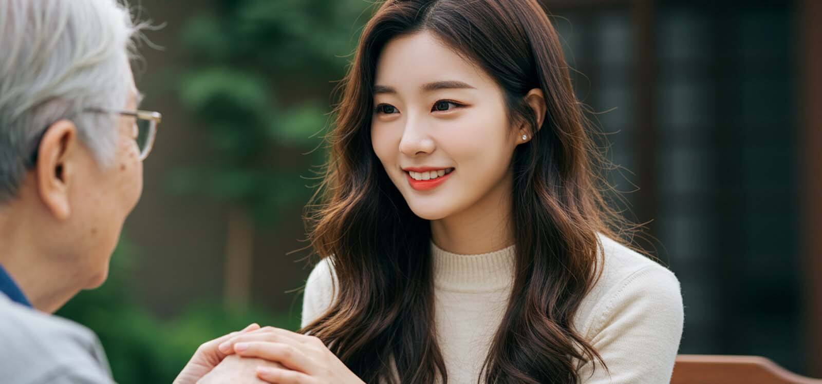 노인의 손을 잡고 안심시키는 모습