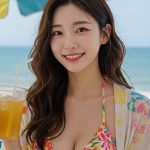 바닷가에서 파라솔 아래 음료 마시는 장면