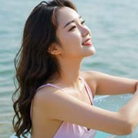 바다에서 튜브 끼고 파도 기다리는 장면
