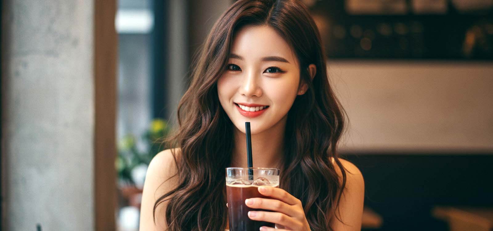 카페에 앉아 아메리카노를 들고 있는 모습