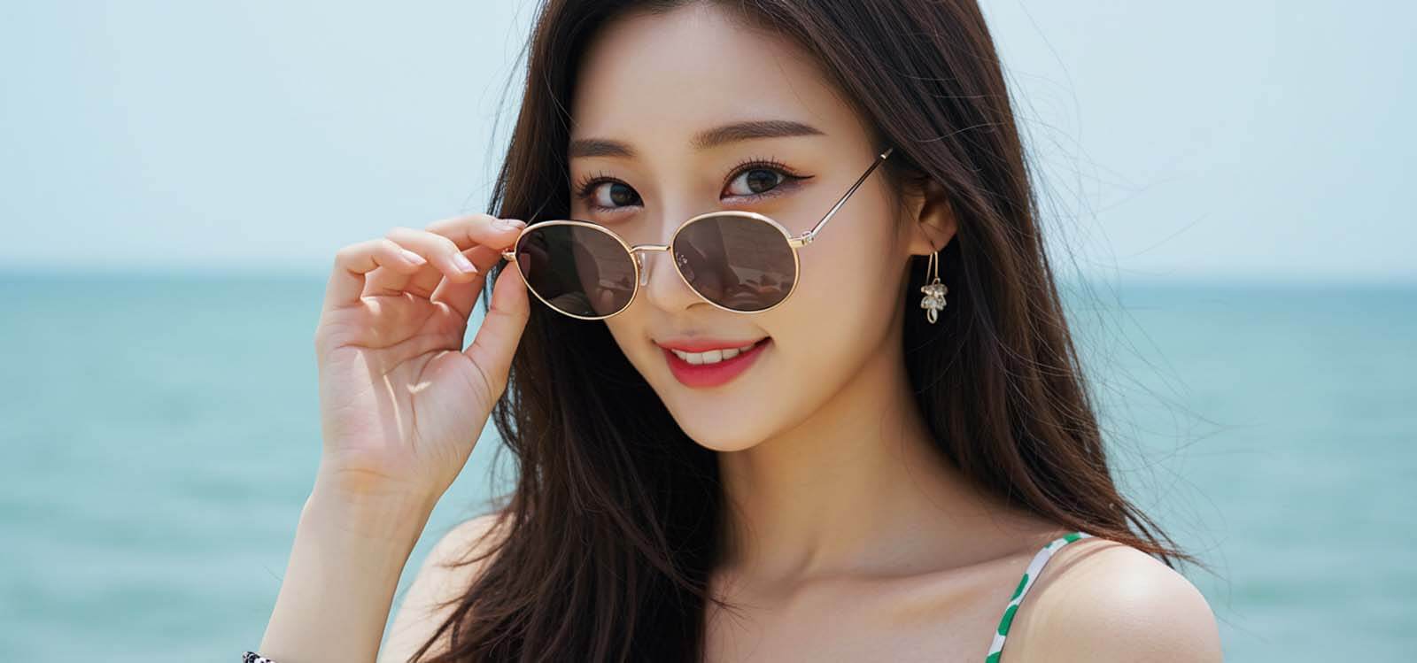 푸른 바다 앞에서 선글라스를 벗으며 미소 짓는 모습