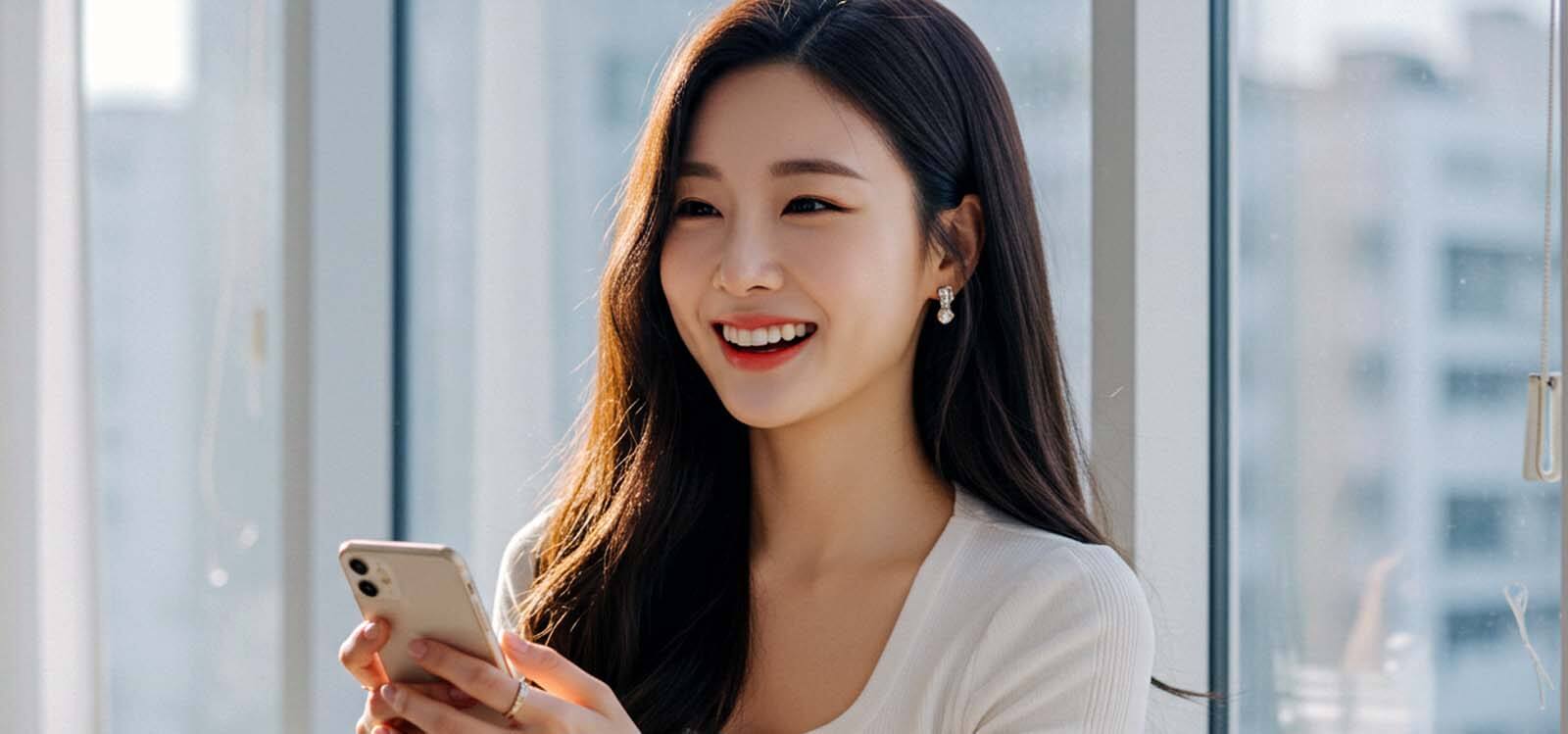 아파트 창가에서 휴대폰을 보며 웃는 모습
