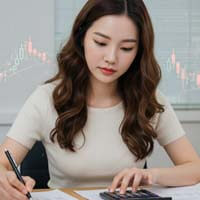 계산기를 두드리며 글을 쓰고 있는 여자