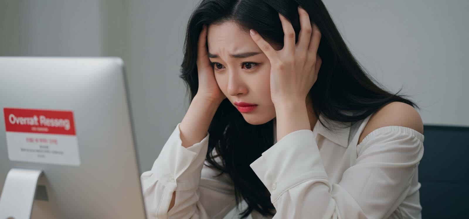 컴퓨터 앞에서 머리를 감싸쥐고 절망하는 사진