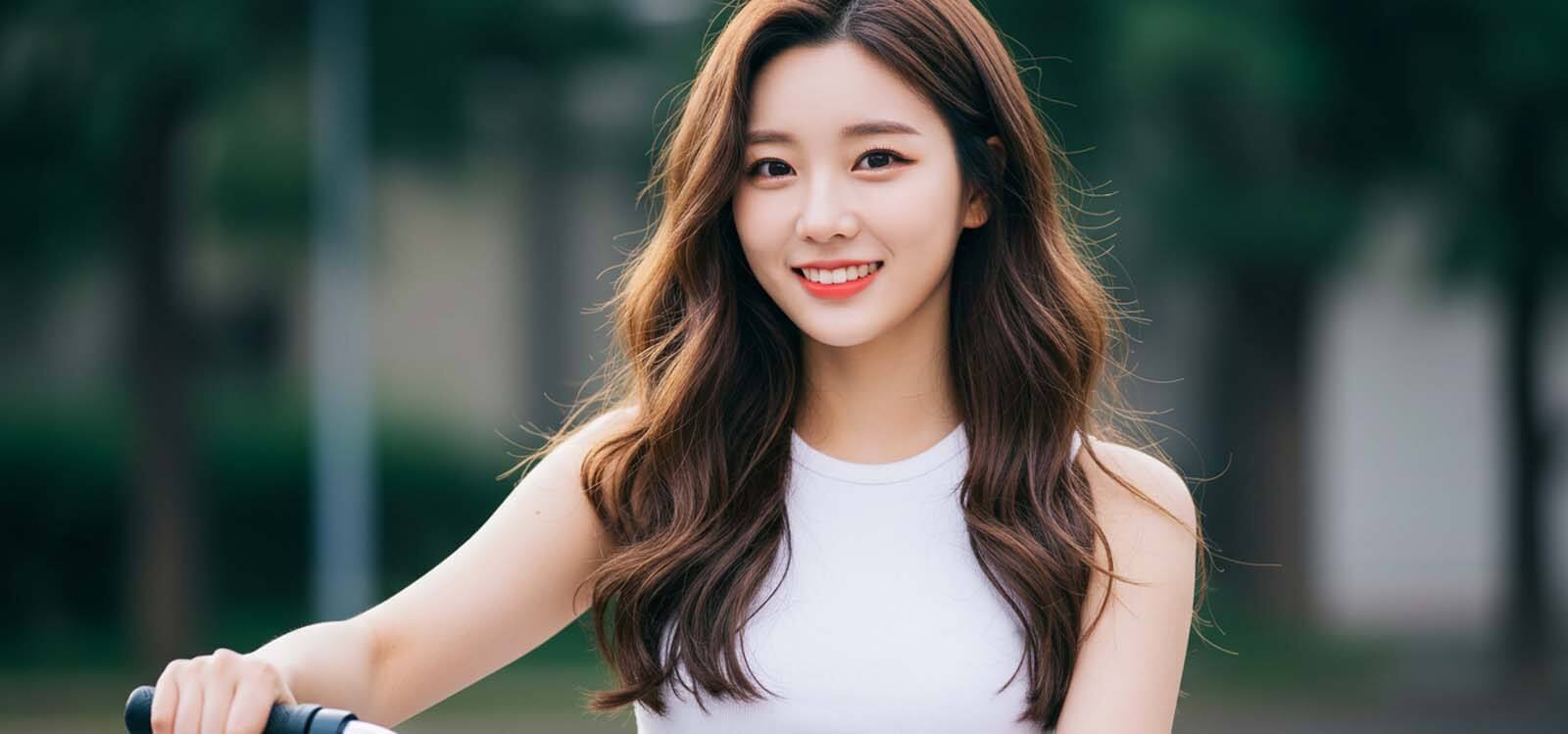 자전거를 잡고 미소 짓고 있는 여자