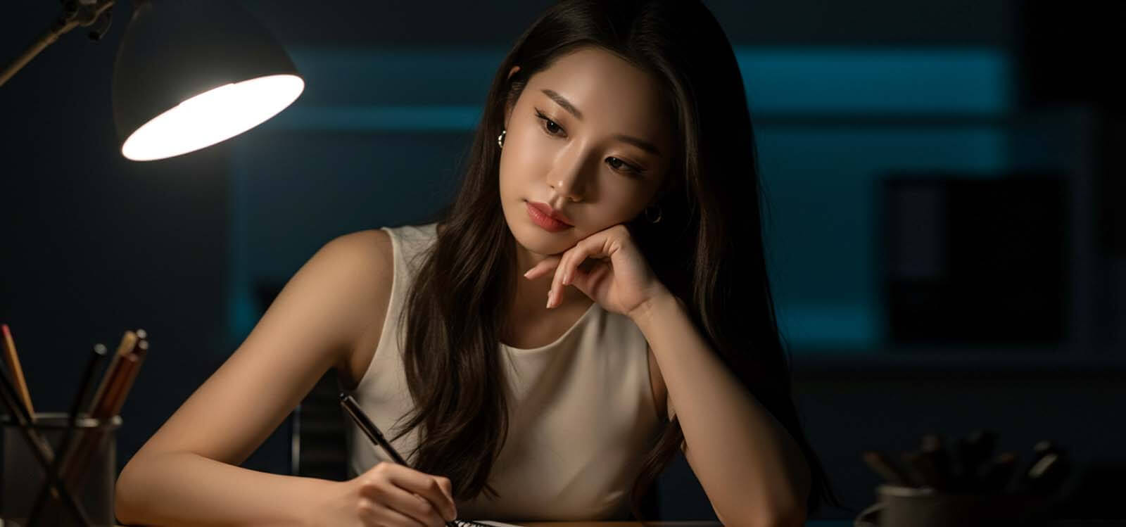 늦은 밤 불 꺼진 사무실에서 혼자 메모하는 모습