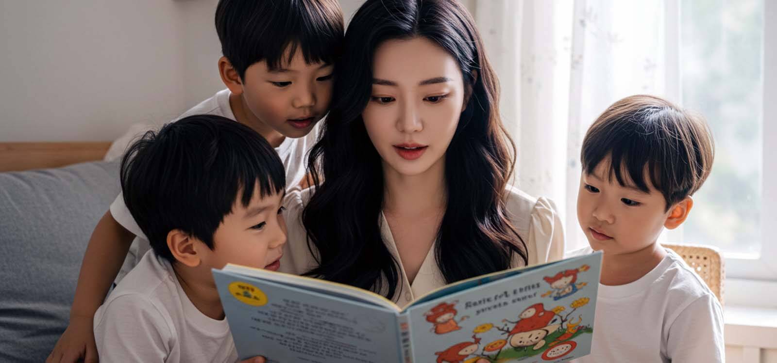아이 셋이랑 책보고 있는 엄마