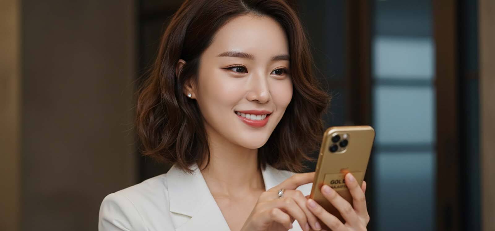 핸드폰을 보며 미소 짓고 있는 여자