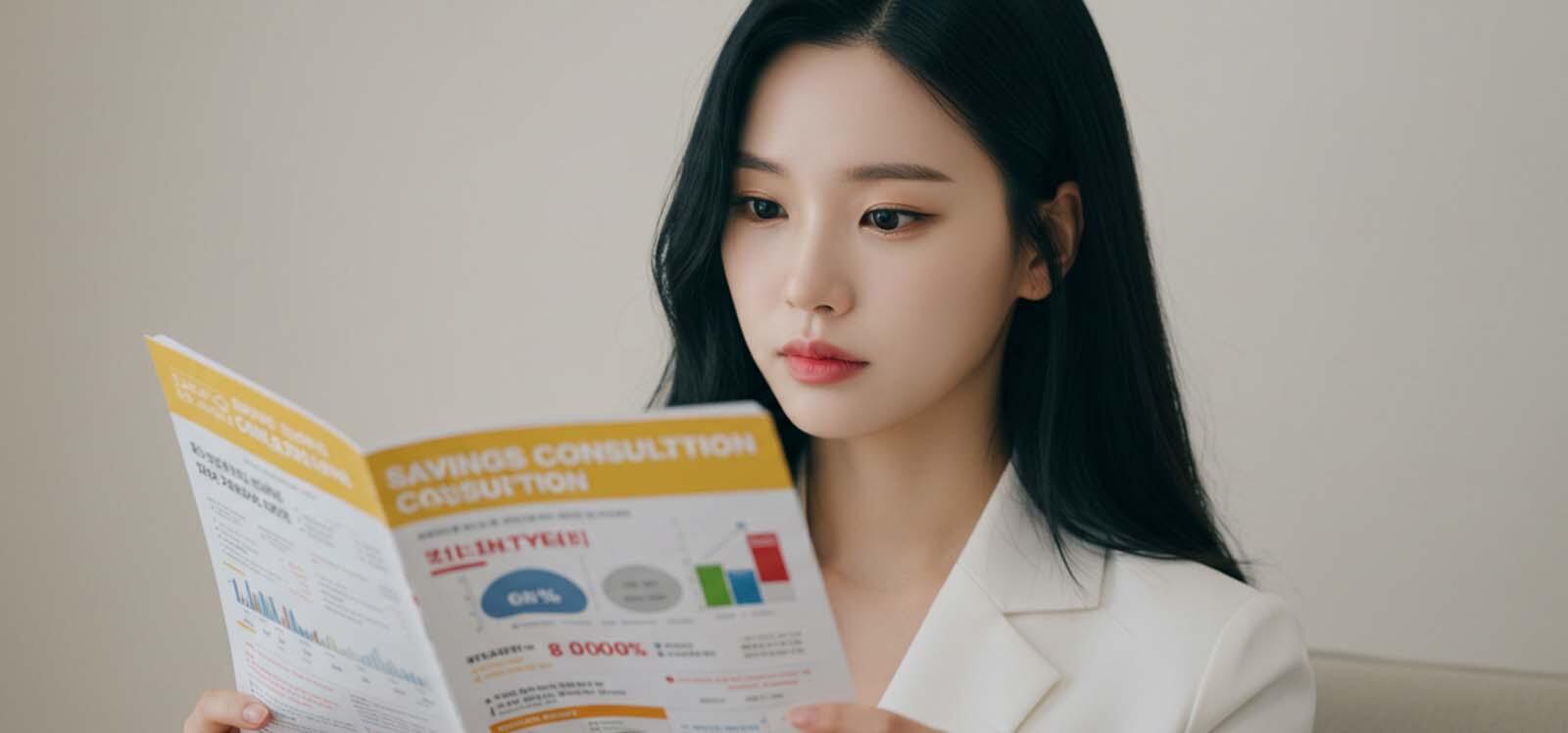 팜플렛을 보고 있는 여자