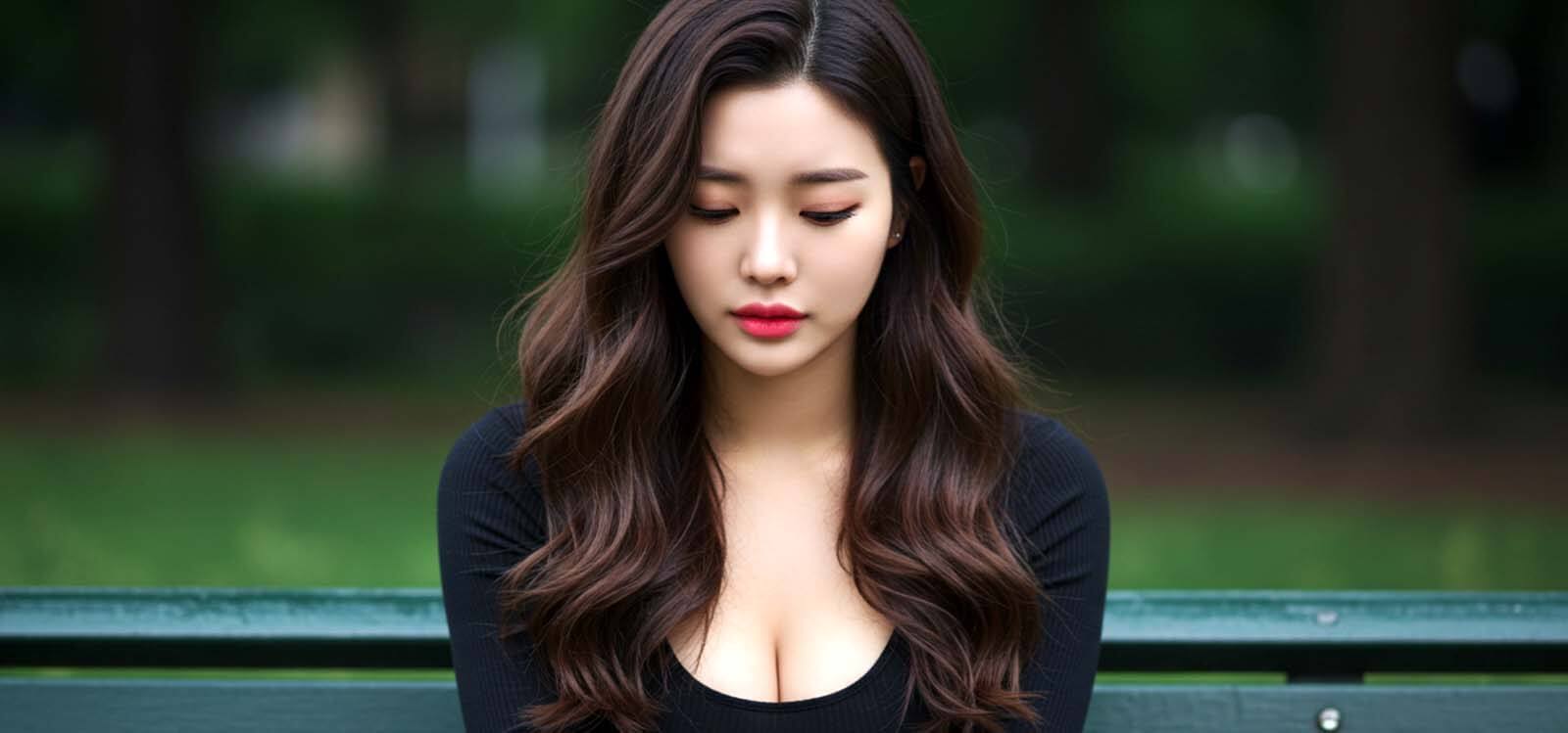 공원 벤치에 앉아 한숨 쉬는 모습