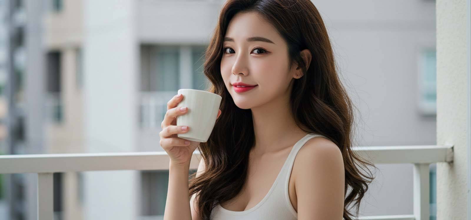아파트 발코니에서 차를 마시는 여자