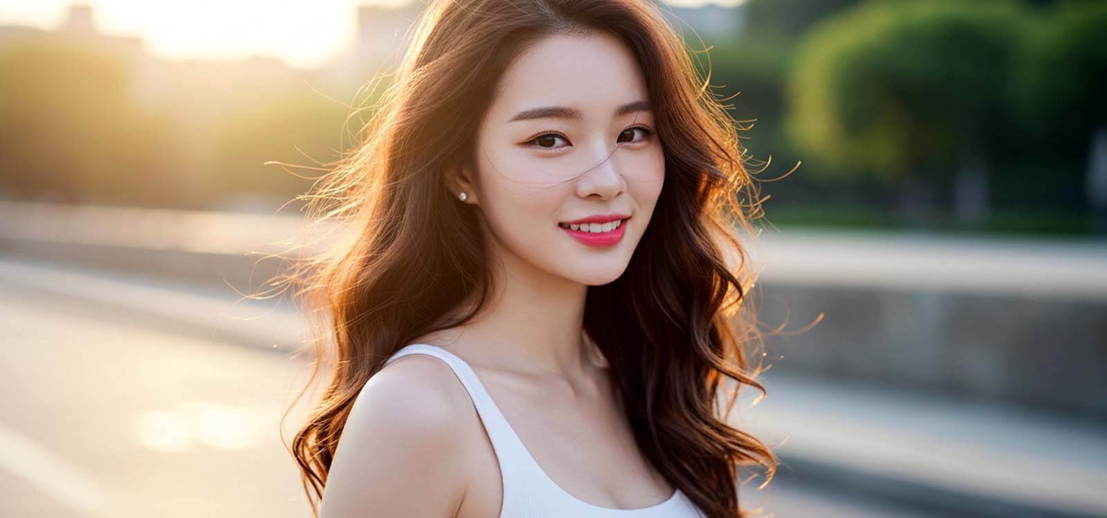 거리에서 미소 짓고 있는 여자