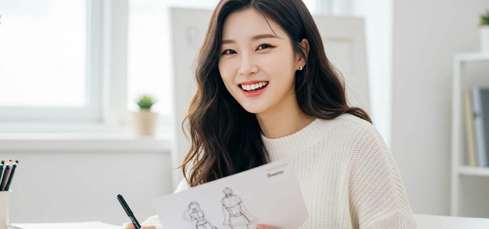 패션 디자인 스케치를 하며 환하게 웃는 모습