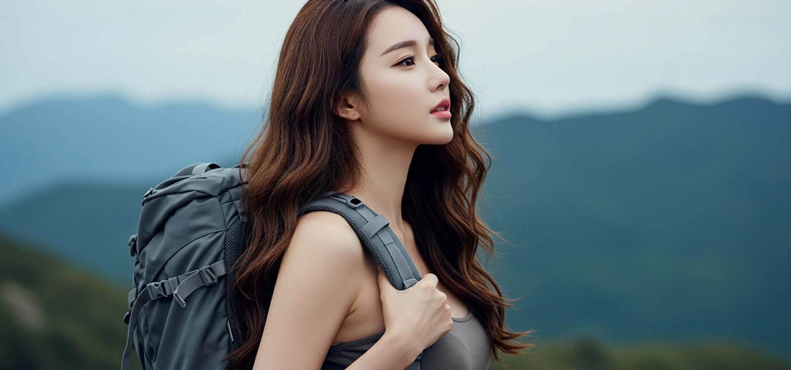 산 정상에서 배낭 메고 하늘 바라보는 모습