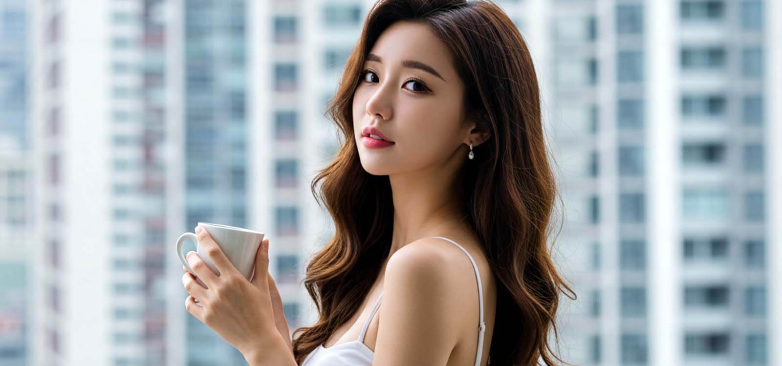 아파트 테라스에서 커피잔을 들고 풍경을 즐기는 모습