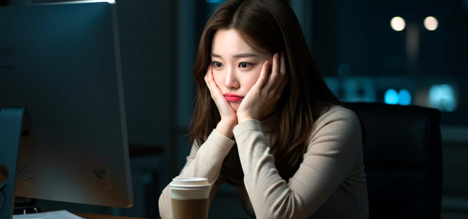 사무실 불이 꺼진 가운데 혼자 모니터 불빛에 비춰 일하는 모습