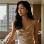 아파트에서 창을 보고 있는 여자