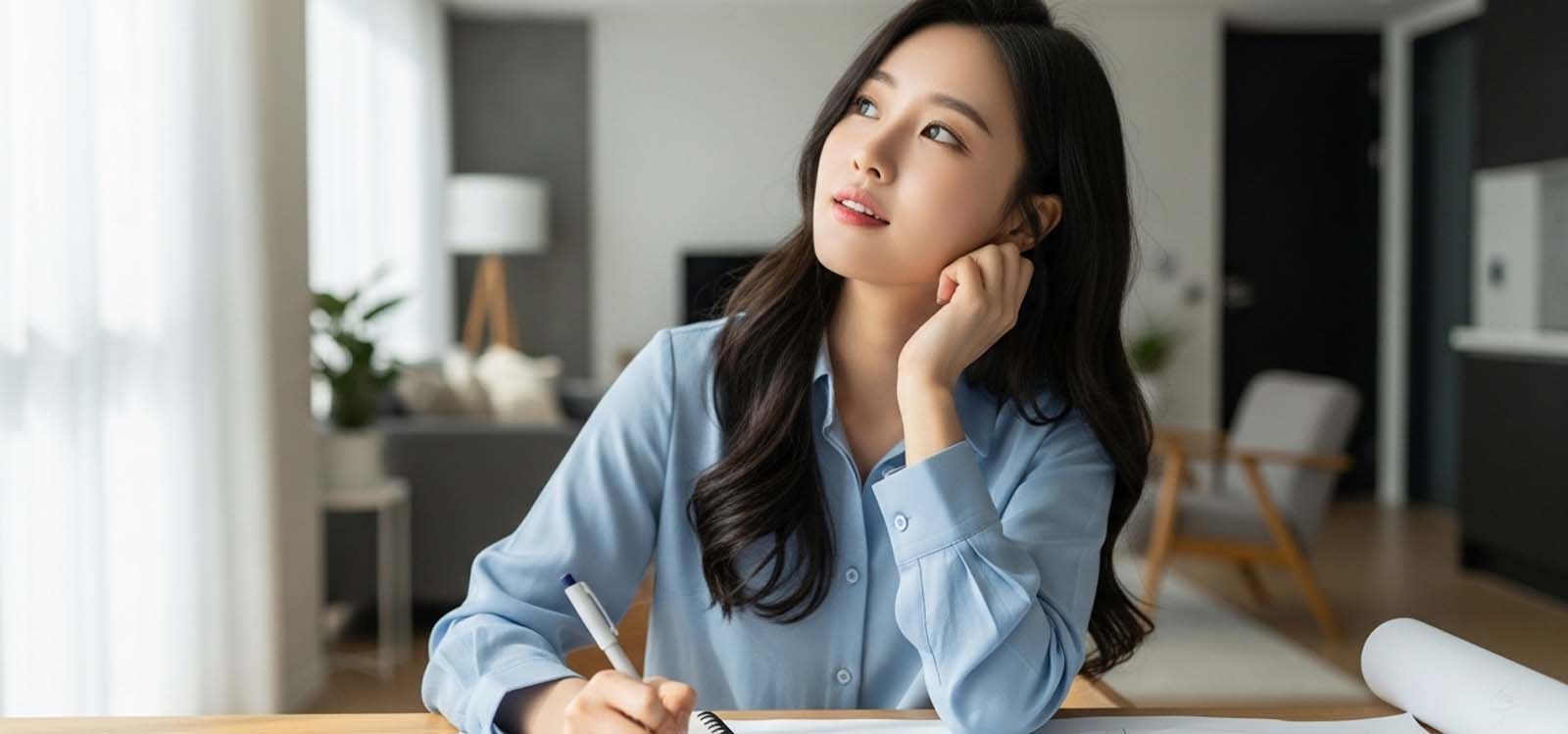 노트에 필기하다 위를 보고 있는 여자