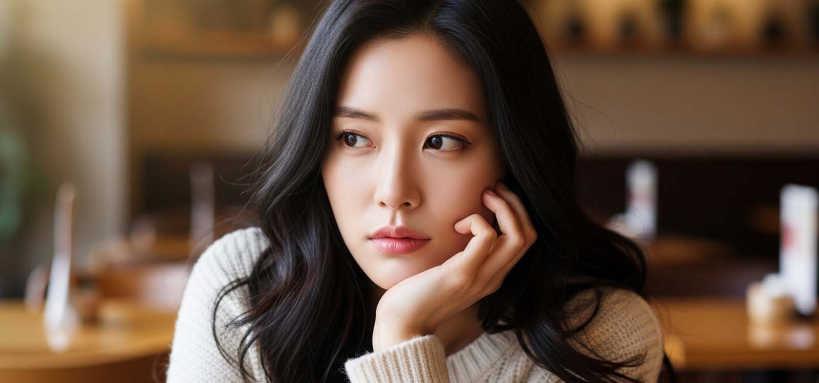 턱을 괴고 옆을 보는 여자