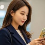환전 후 돈을 만지고 있는 여자