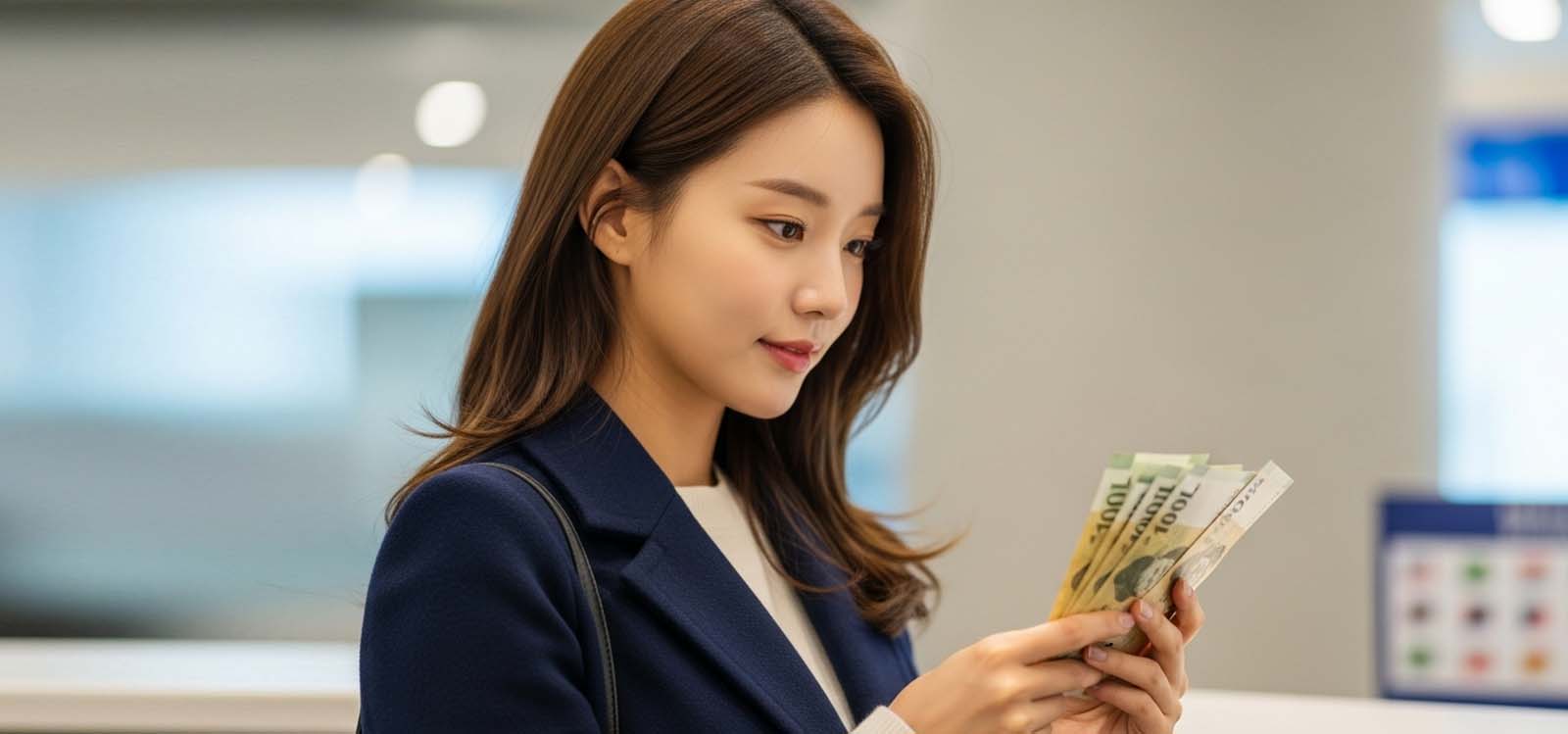 환전 후 돈을 만지고 있는 여자