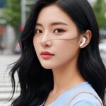 도시 거리에서 이어폰을 끼고 걷는 장면