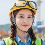 건설현장에서 안전모를 쓰고 미소 짓는 모습