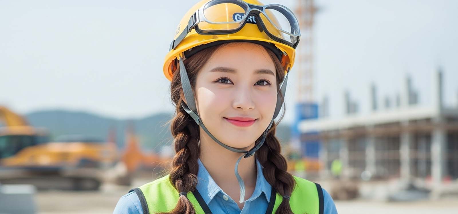 건설현장에서 안전모를 쓰고 미소 짓는 모습