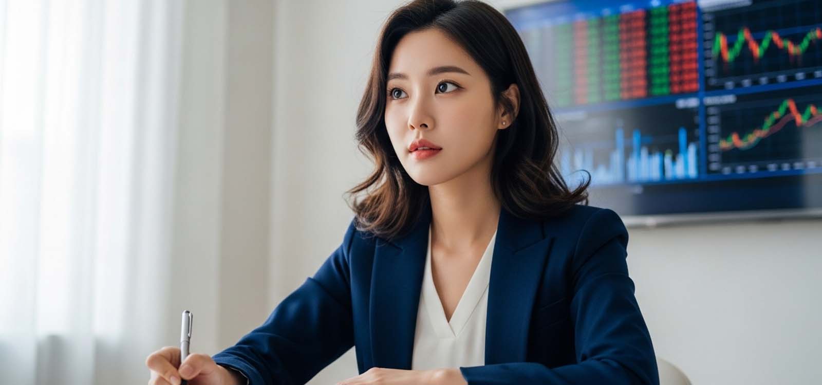 뉴스를 보며 메모하는 여자