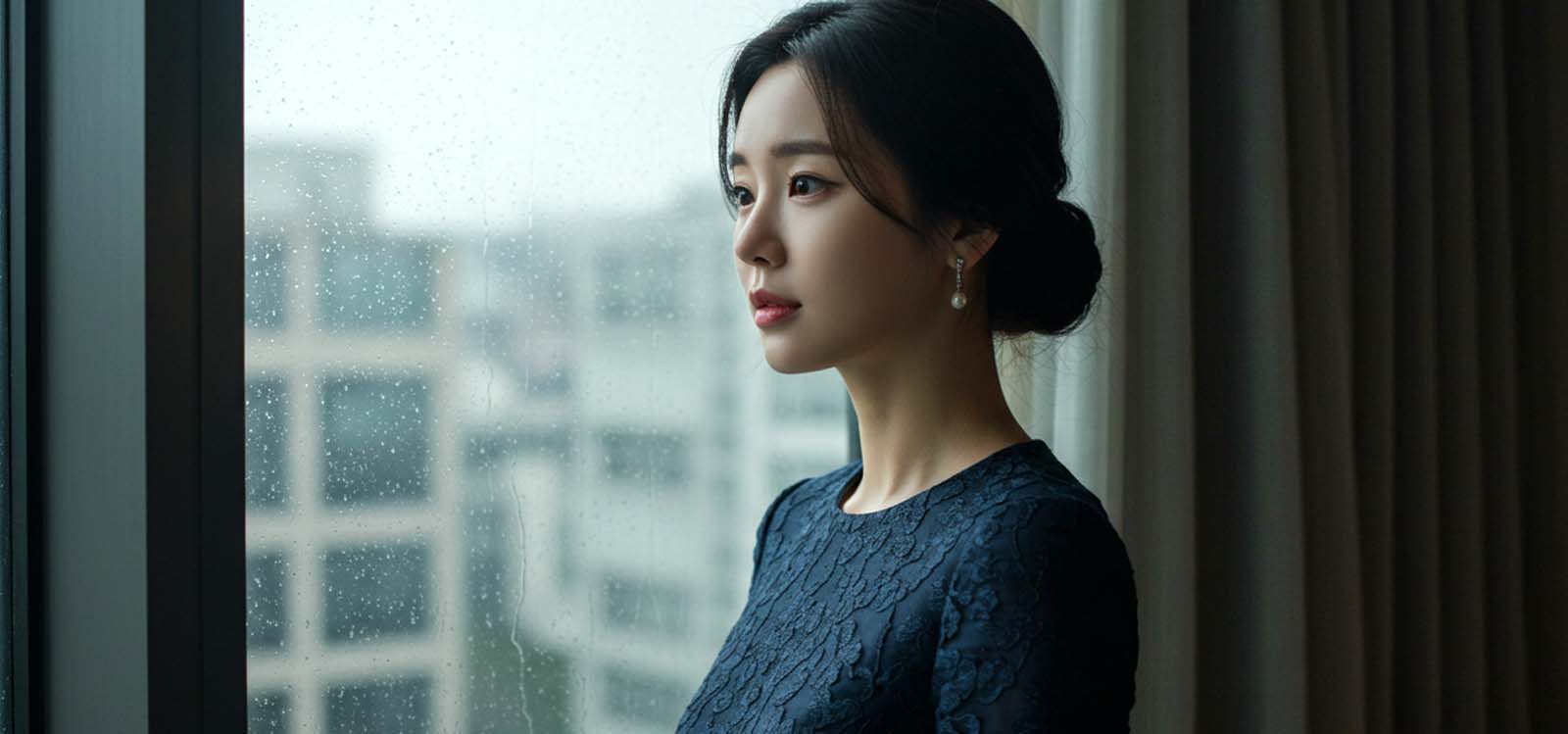 창가에서 비 오는 날 풍경을 바라보는 모습